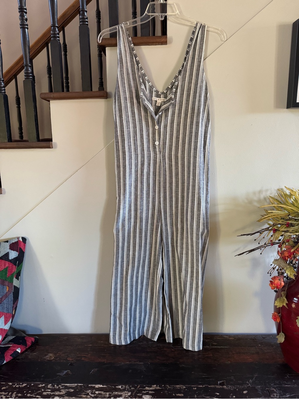 Striped Gray & White Sleeveless Jumpsuit - Lightweight Linen blend